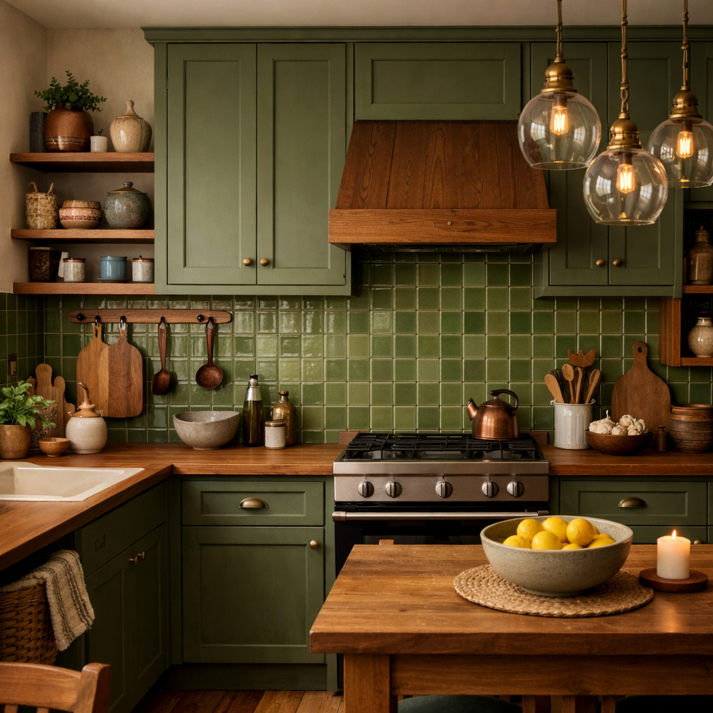 A cozy kitchen featuring olive green shaker cabinets and a matching green tile backsplash.