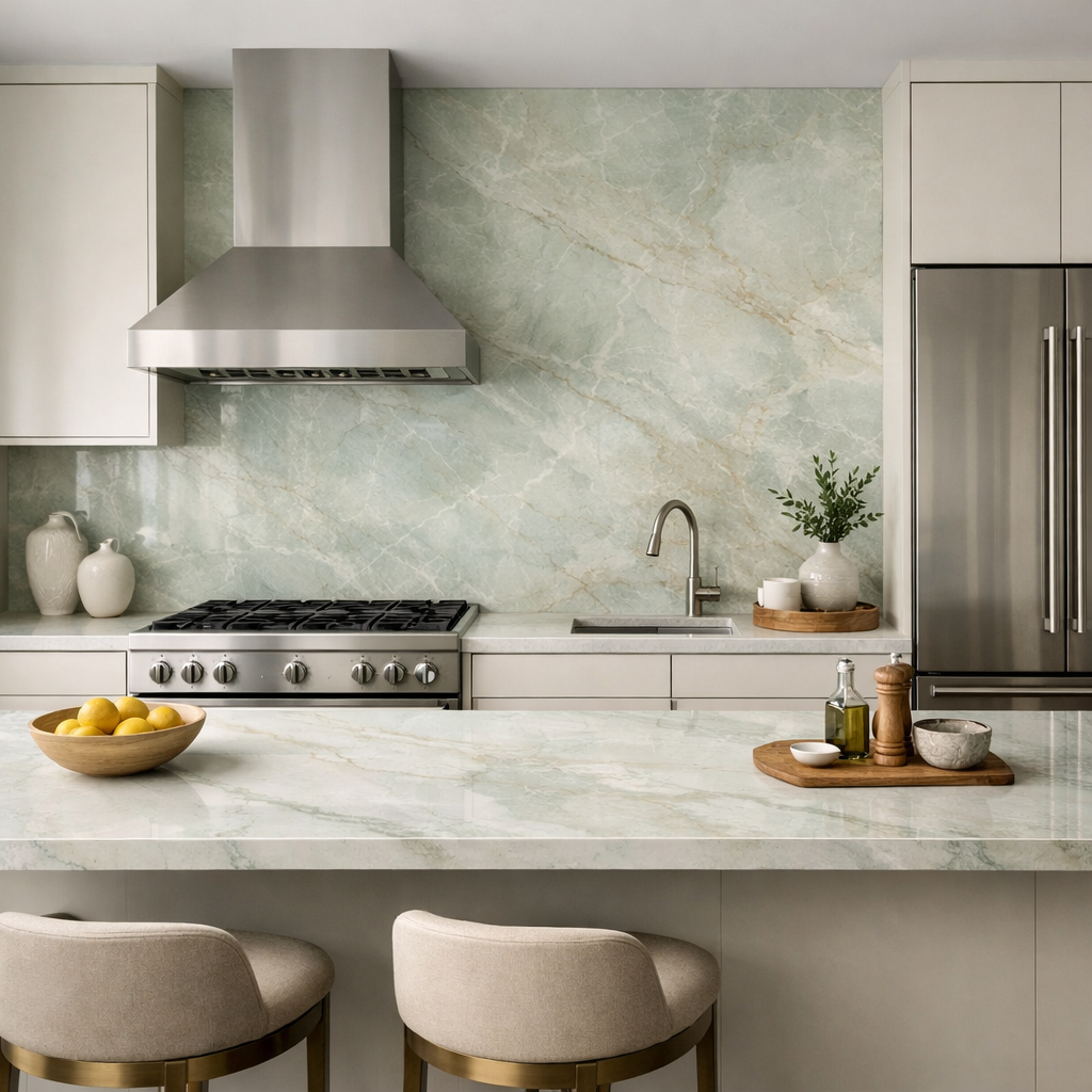 A modern kitchen featuring a pale green marble slab backsplash with a stylish design and elegant accessories.