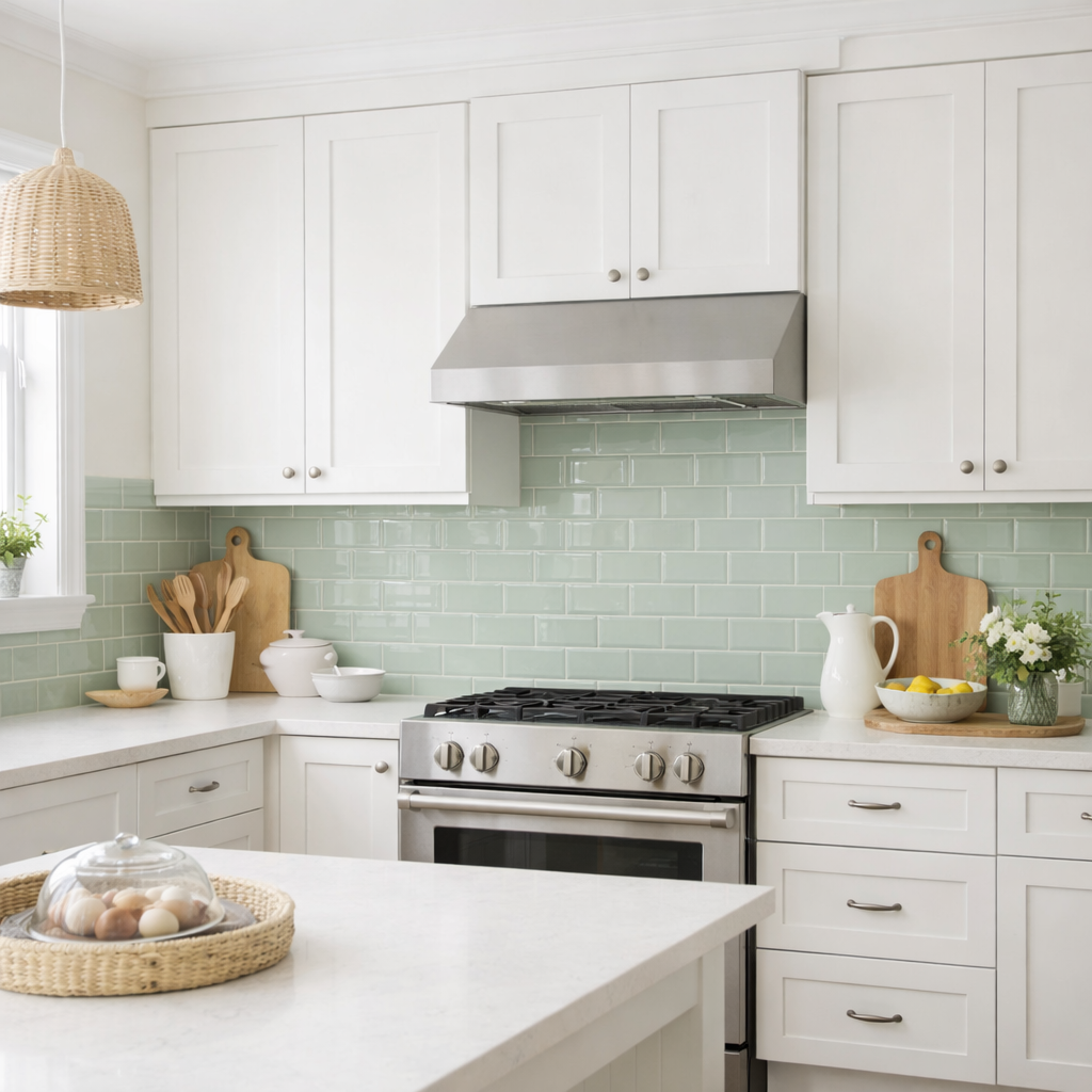 A kitchen featuring a soft sage green backsplash and white cabinets.