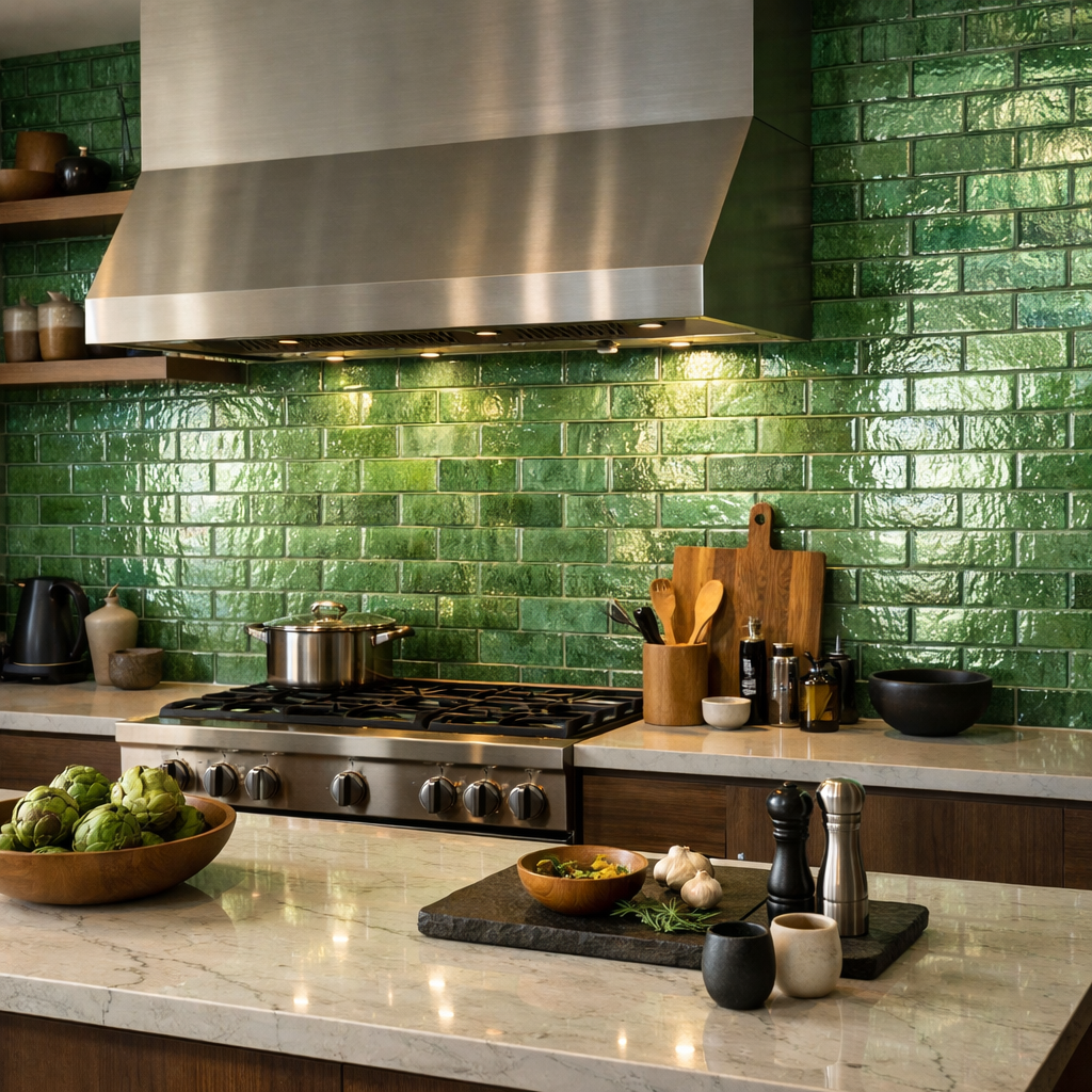 A kitchen displaying textured green glass tiles as a backsplash, with modern appliances and wooden accents.