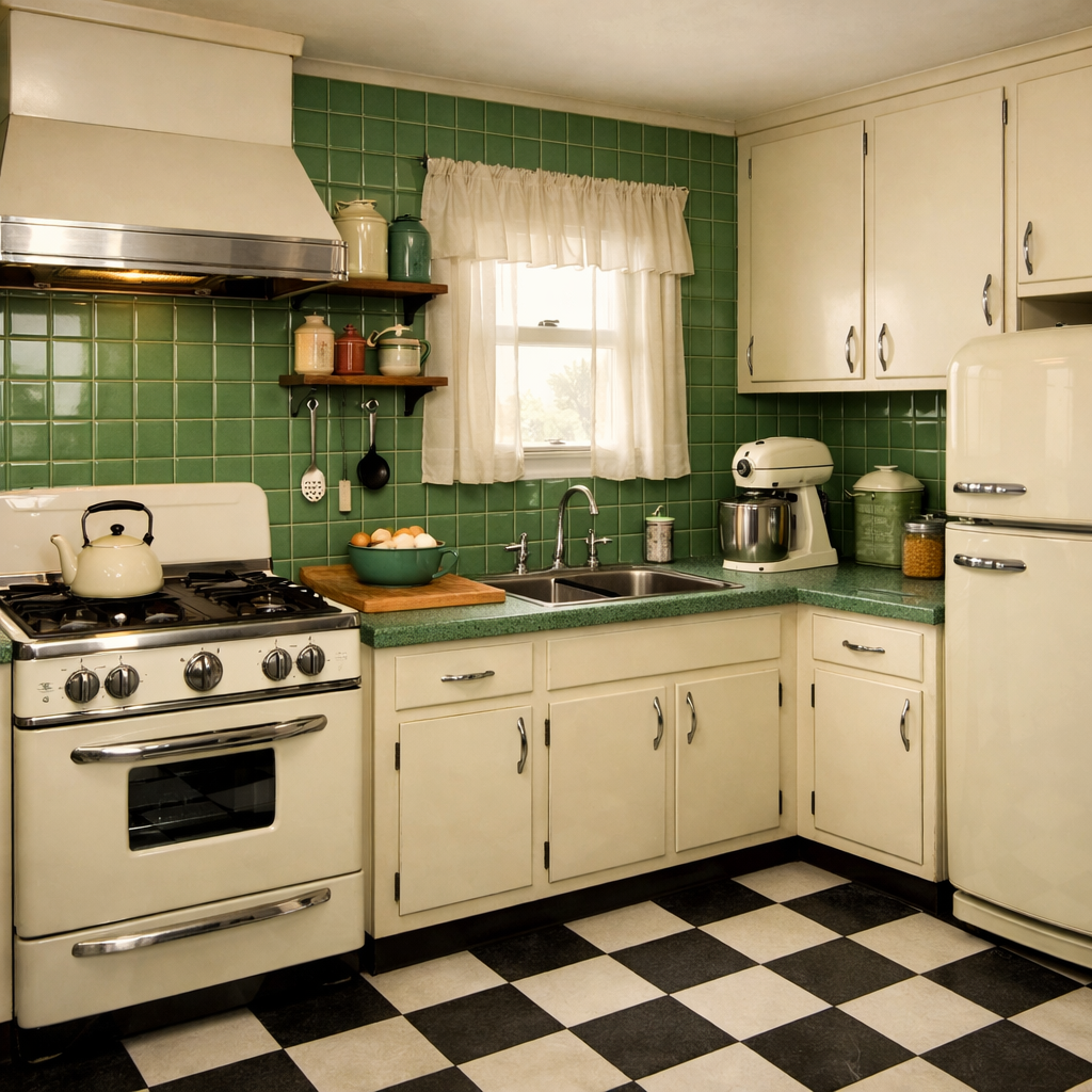 A vintage kitchen featuring green enamel tiles on the backsplash, classic cream-colored cabinets, and retro appliances