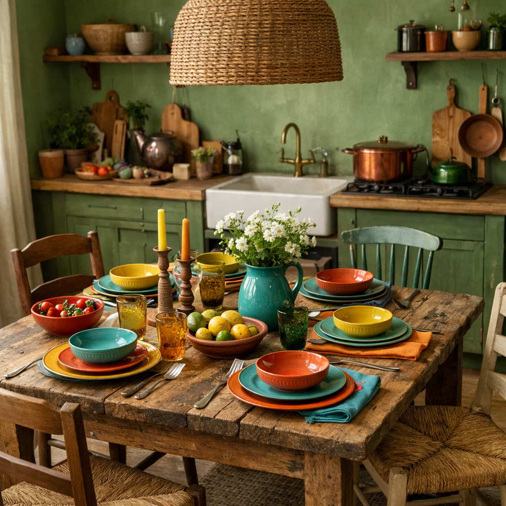 A cozy herb green dining area featuring a rustic wooden table, colorful dishware, and a floral centerpiece.