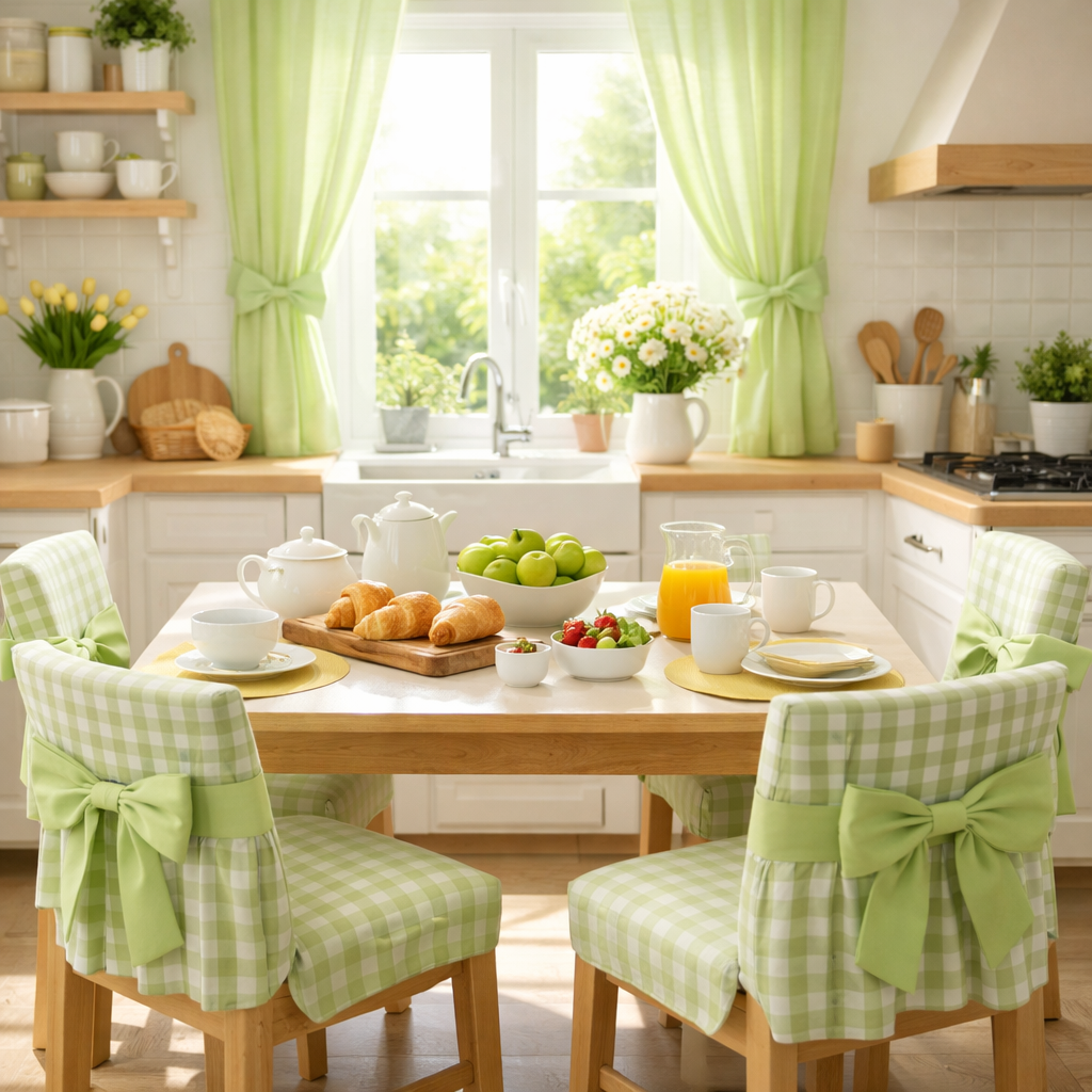 A light green kitchen featuring curtains and chair covers with a wooden table set with breakfast items