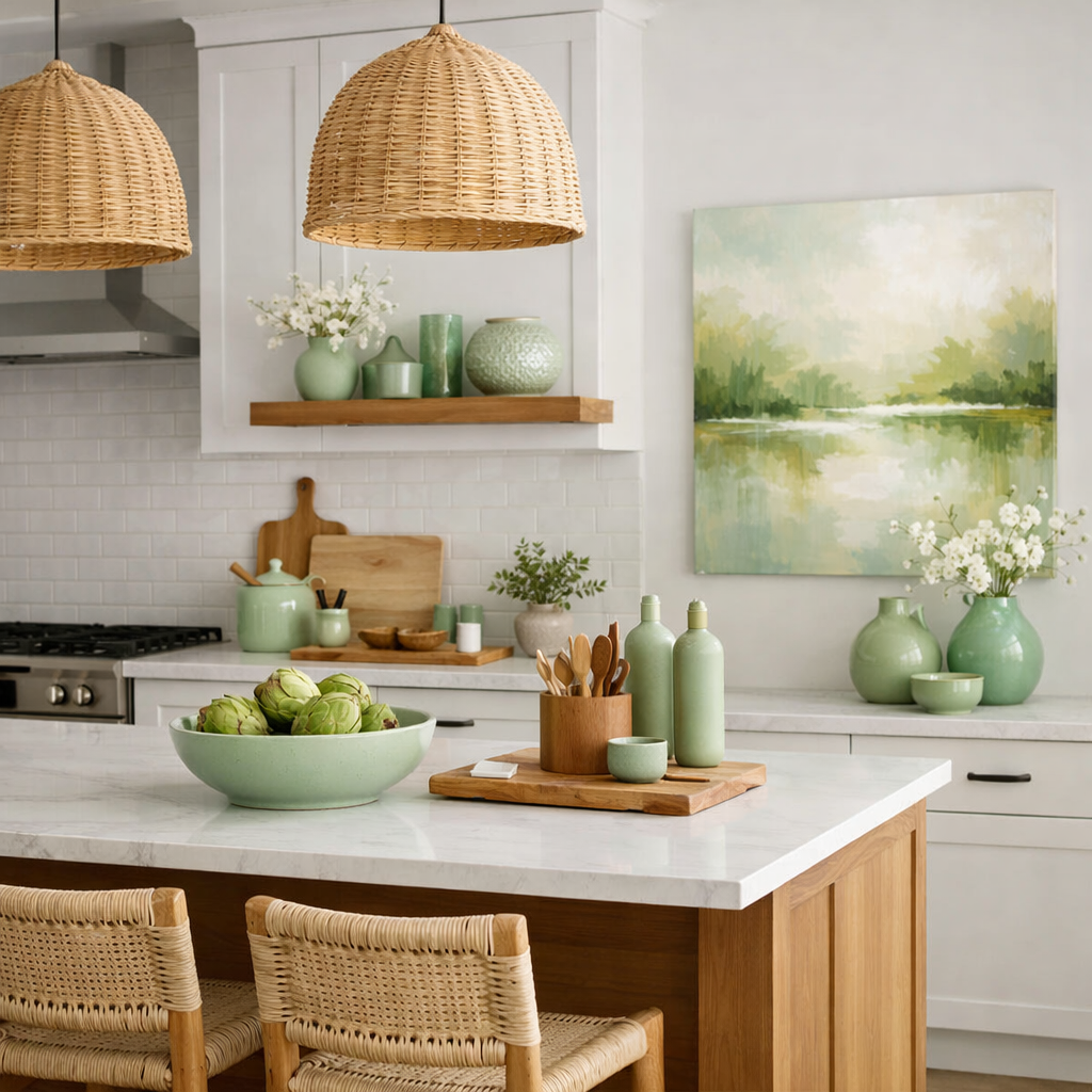 A light green kitchen featuring decorative accents like vases, kitchenware, and woven lamp shades