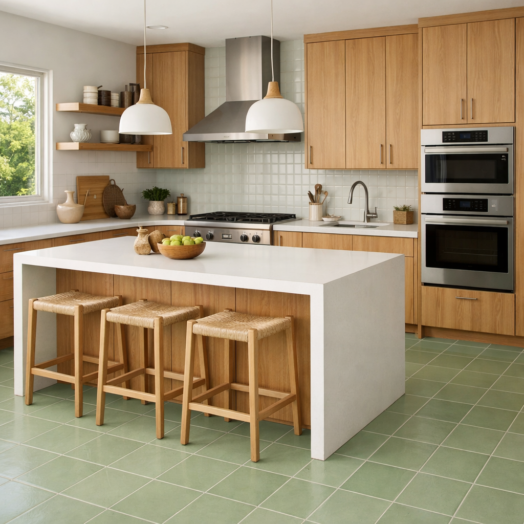 A modern kitchen featuring light green tile flooring with wooden cabinets and white countertops
