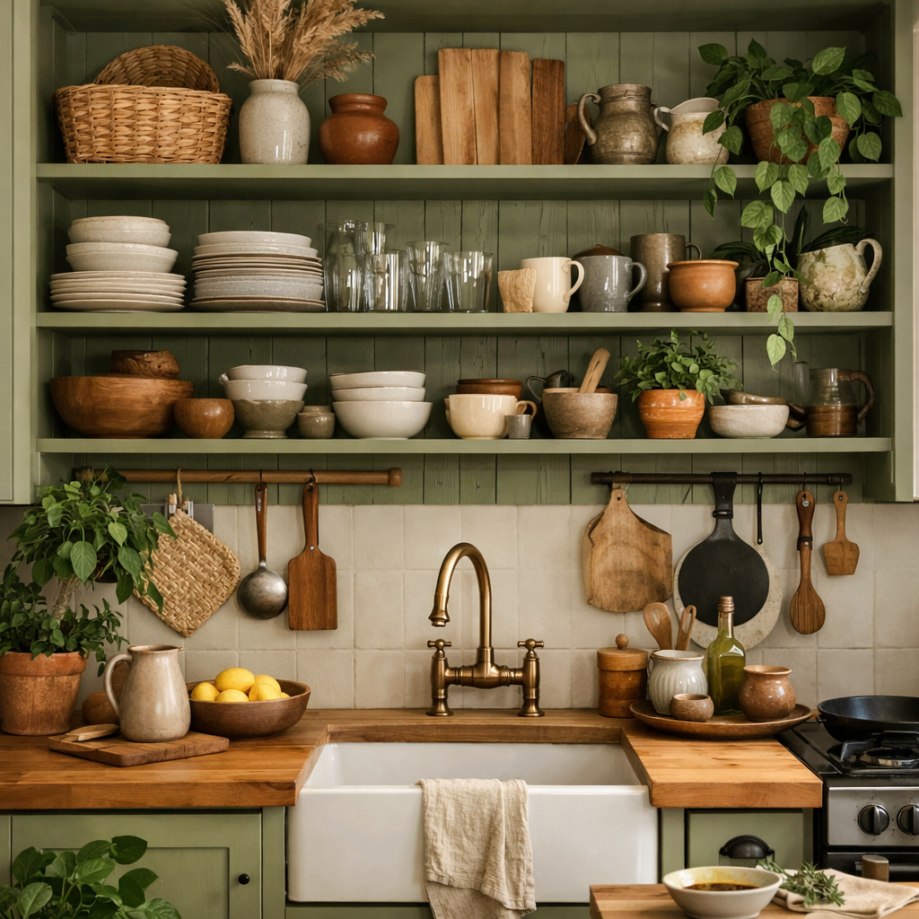 A kitchen featuring olive green open shelving filled with dishware, plants, and wooden utensils.