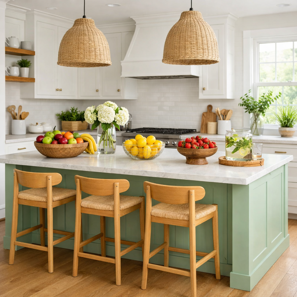 Pastel green kitchen island with fresh fruits, surrounded by wooden bar stools and decorated with stylish wicker lighting.