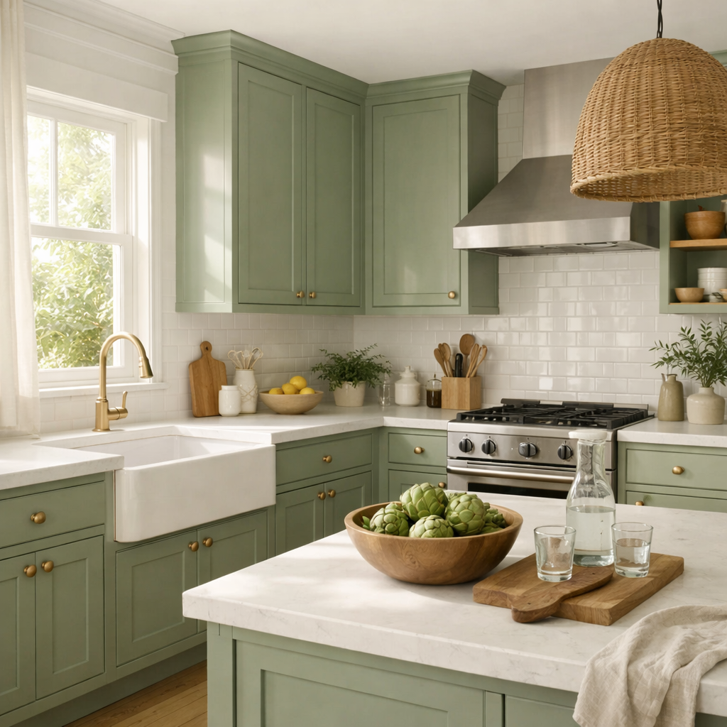 A kitchen featuring soft sage green cabinets, a farmhouse sink, a wooden bowl of artichokes, and a stylish golden faucet.