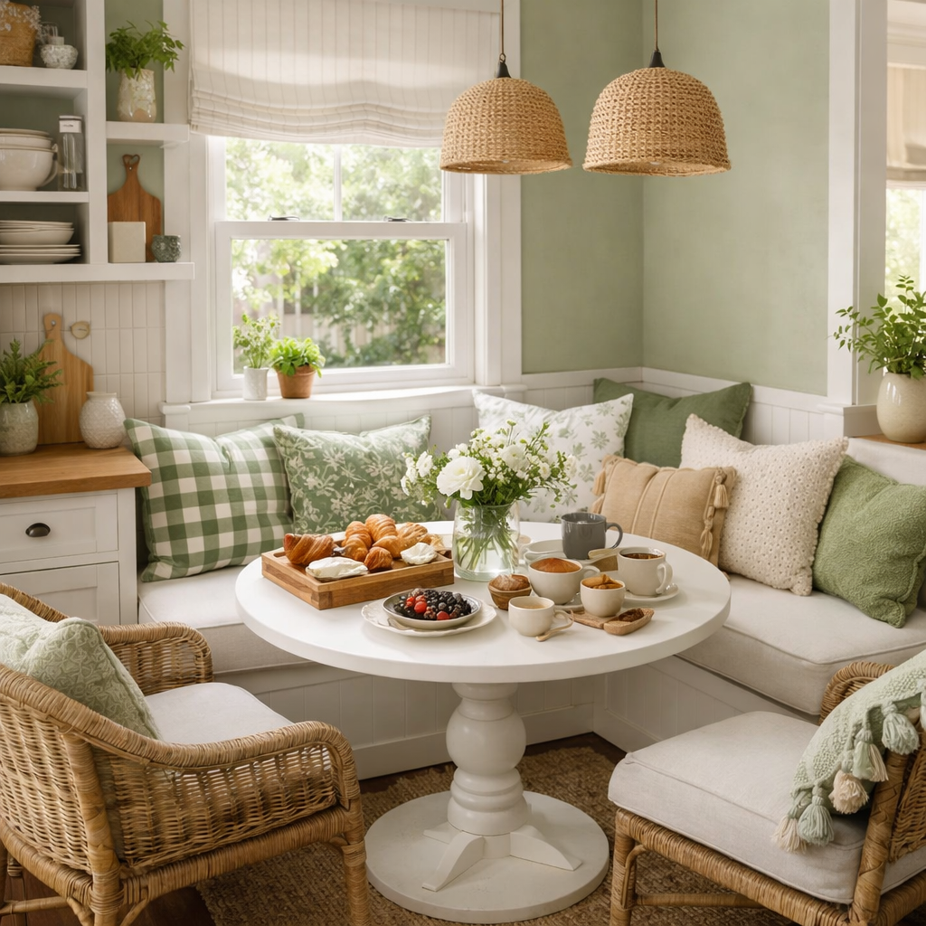 Cozy kitchen nook with green and white decor, featuring a white table with pastries, fresh fruits, and cushions.