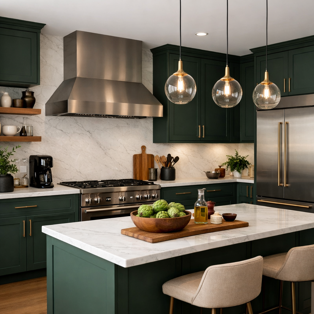 Elegant green cabinetry in a modern kitchen with white marble countertops.