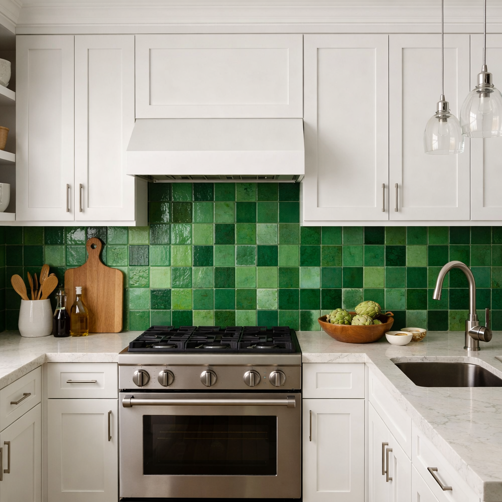 A stylish kitchen featuring a green tile backsplash, white cabinetry, and a stainless steel oven.