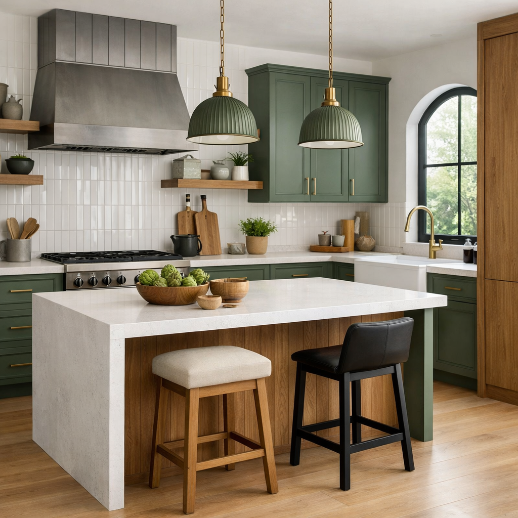 A modern kitchen featuring green cabinets, white countertops, and various textures.