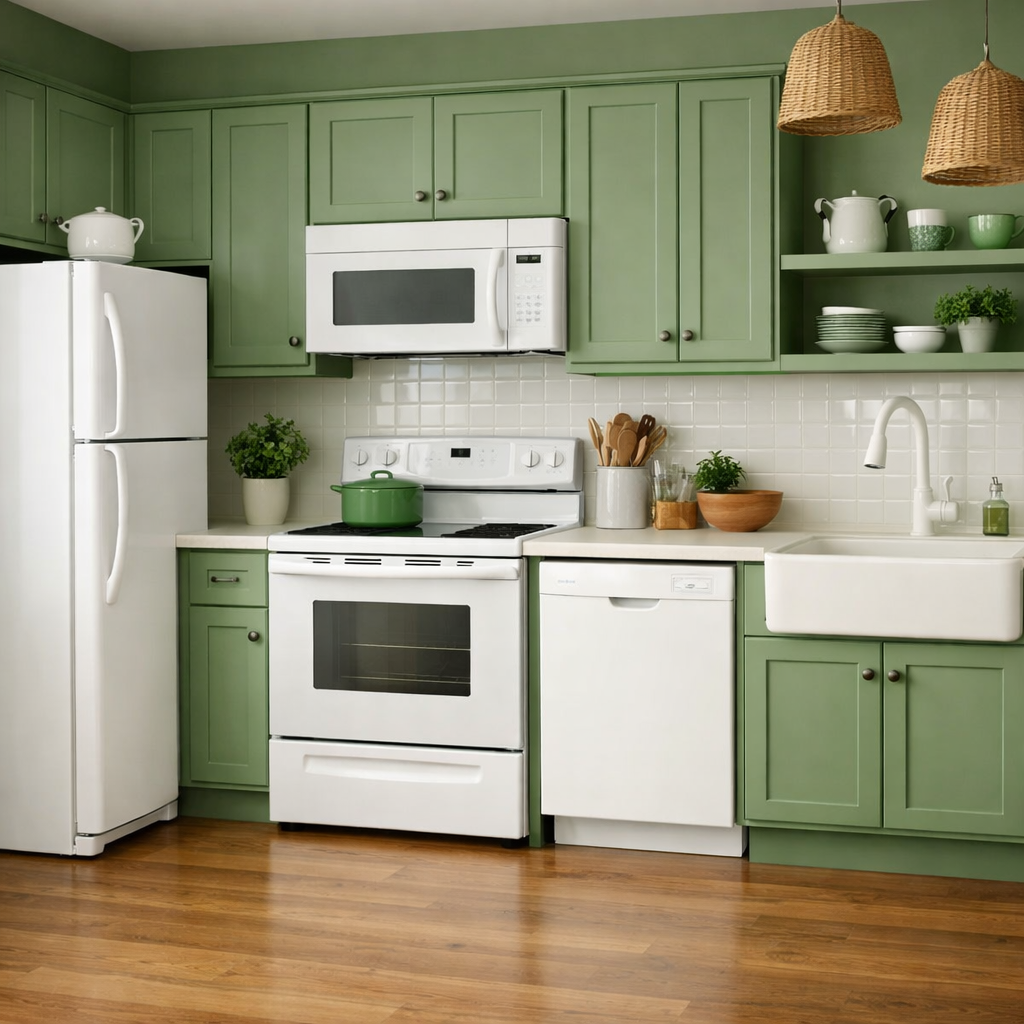 A kitchen with green cabinets and white appliances, featuring a farmhouse sink and wooden floor.