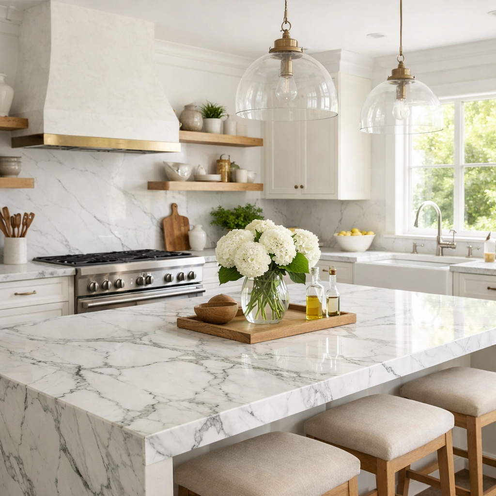 A modern kitchen featuring white marble countertops, green accents, and wooden elements.