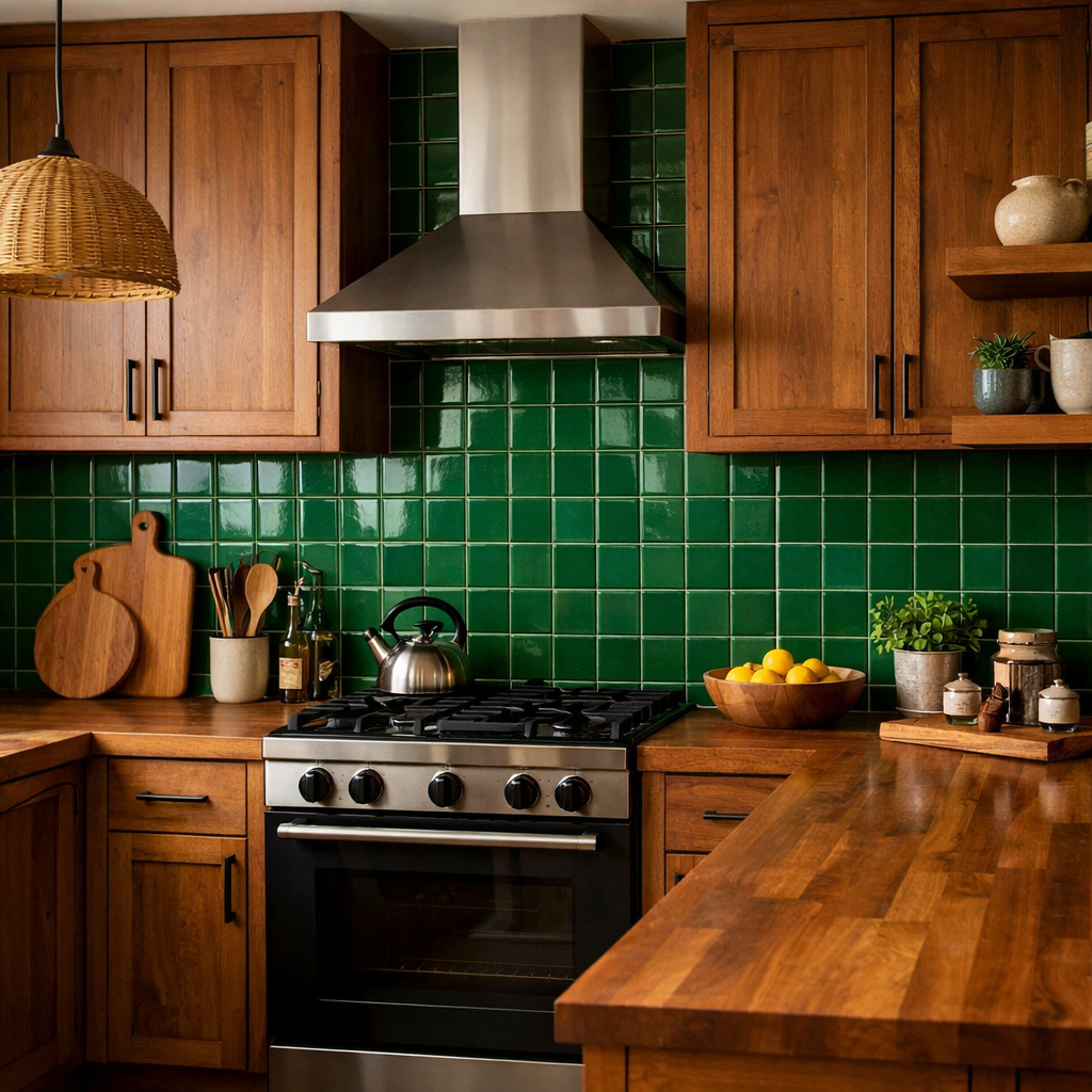 A kitchen featuring a green tile backsplash with wooden cabinets and countertops.