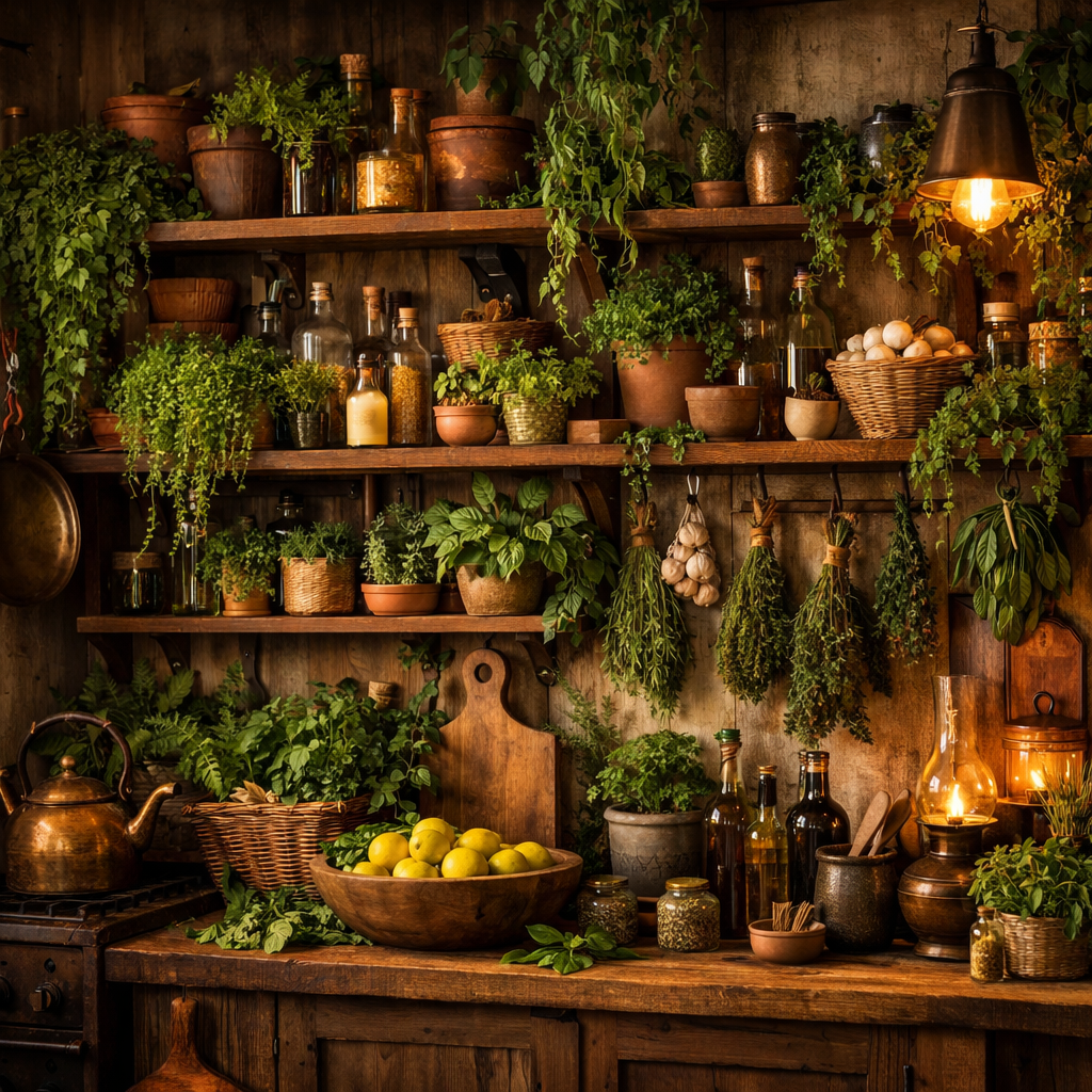 Rustic kitchen filled with plants, wooden shelves, and warm light