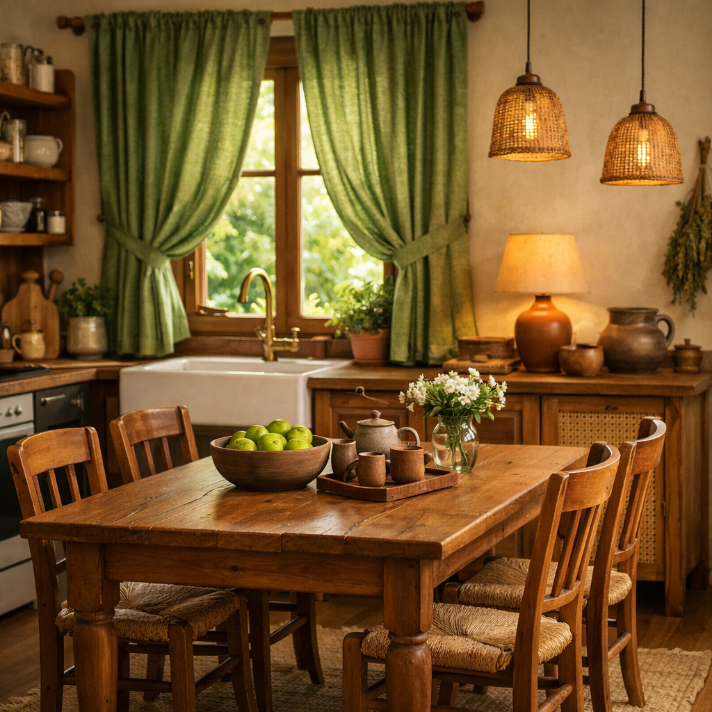 A cozy kitchen featuring green curtains, wooden furniture, and a bright open window.