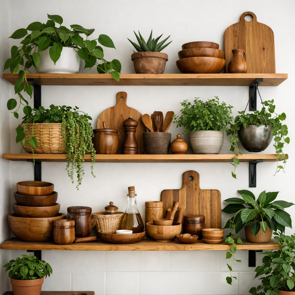 Open kitchen shelves displaying wooden bowls, cooking utensils, and greenery