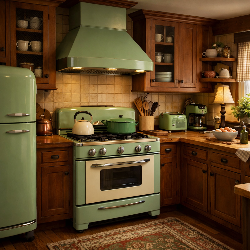 A vintage kitchen featuring green appliances and wooden cabinets.