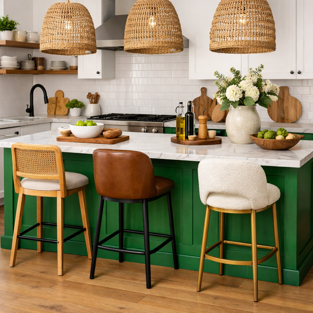 A bright green kitchen island with a marble countertop and various bar stools, set in a stylish kitchen