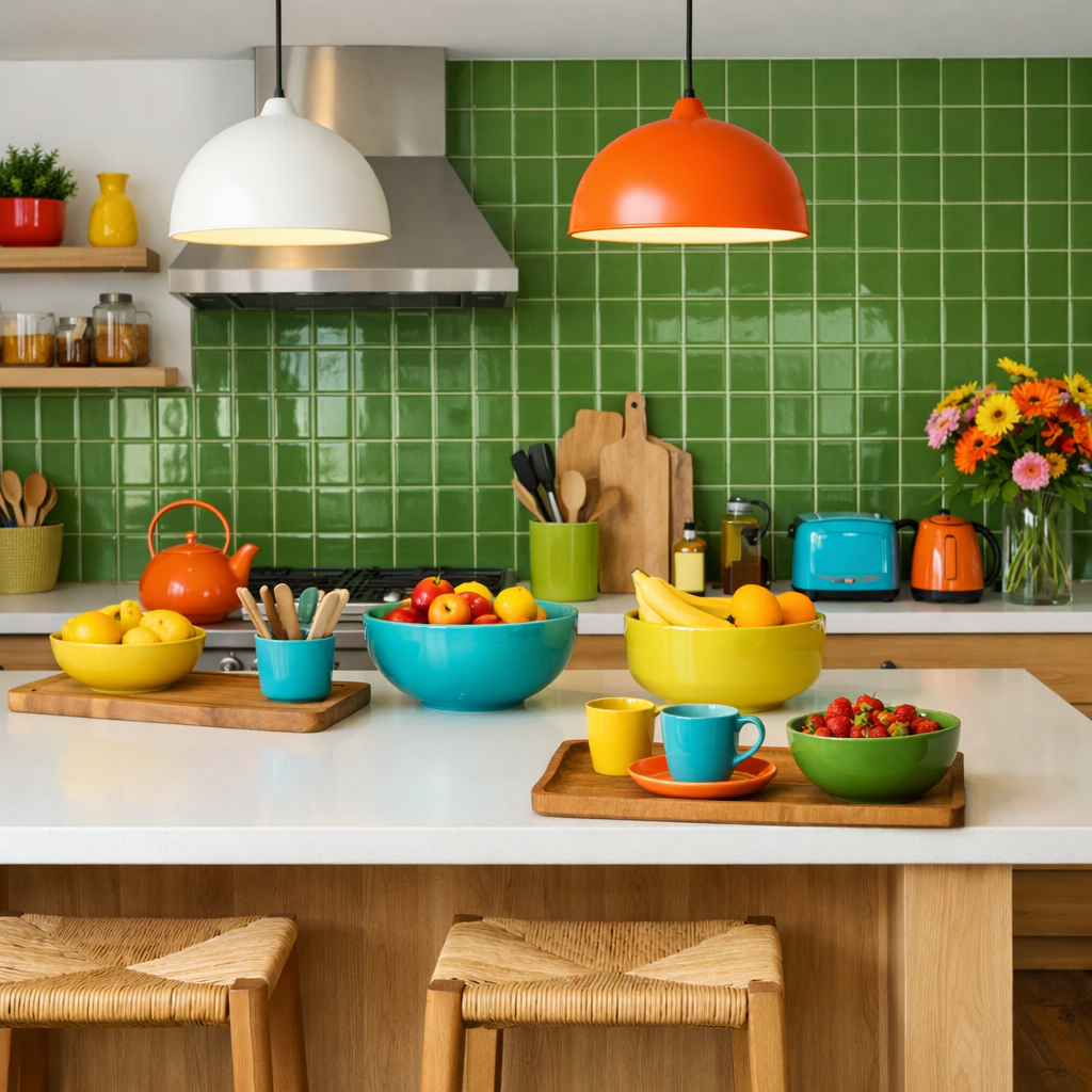 Bright kitchen with cactus green tile backsplash, colorful bowls, and modern decor