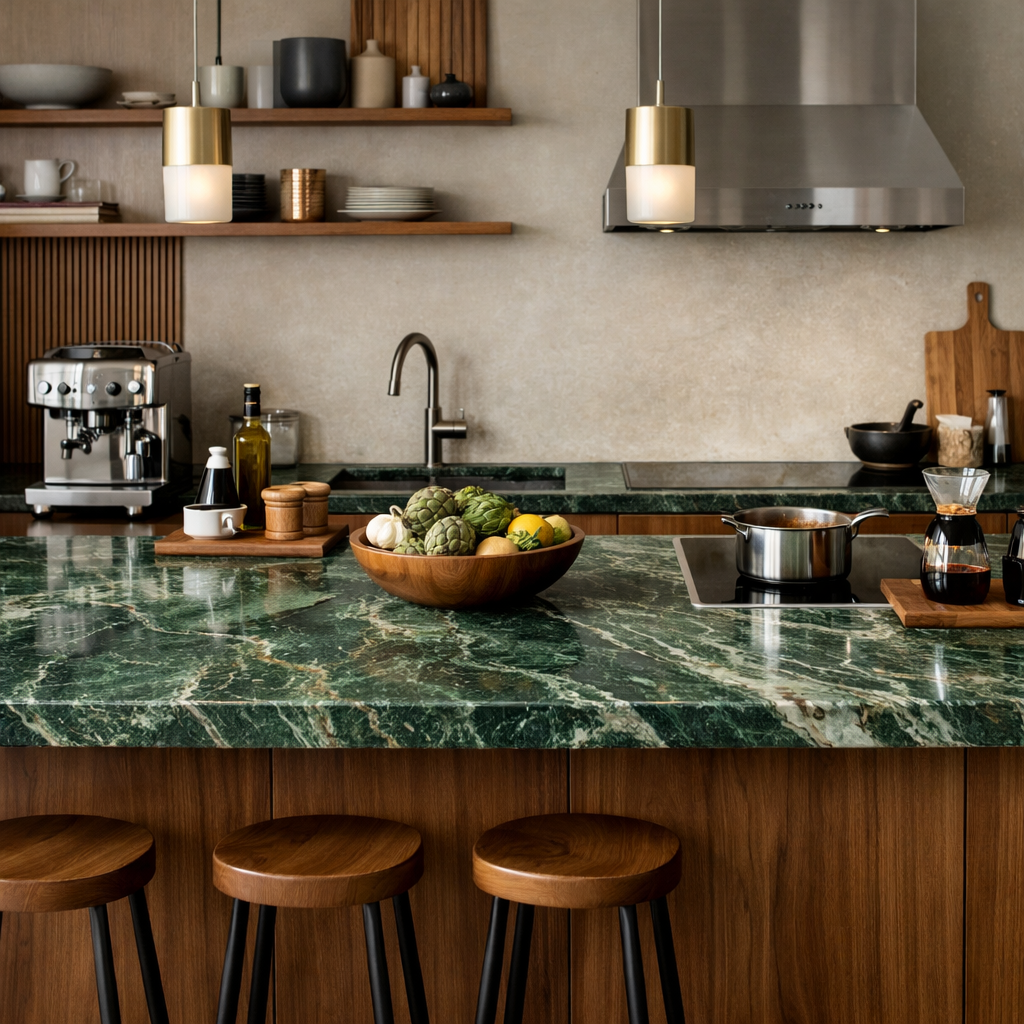A stylish kitchen featuring a green marble countertop, wooden shelves, and modern lighting.