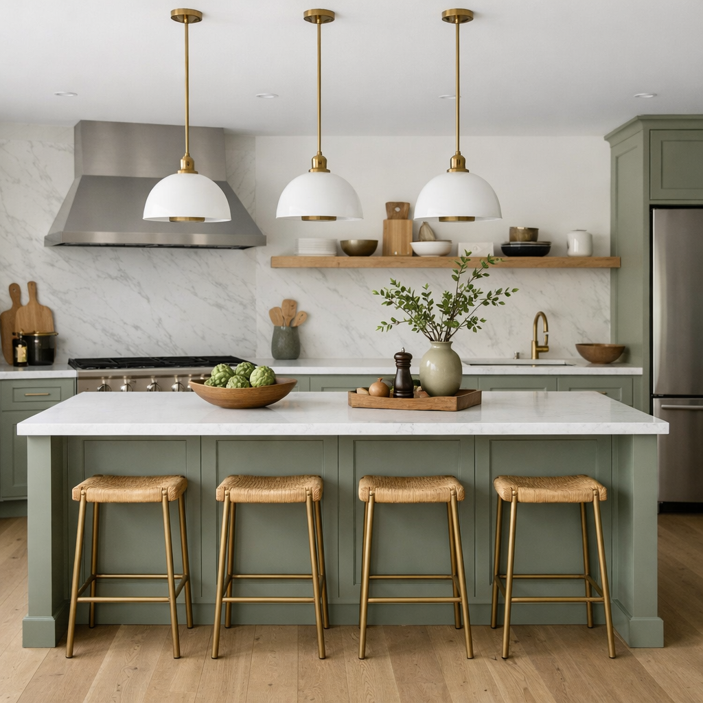 A modern kitchen featuring sage green cabinetry, a white marble countertop, and warm wood elements.