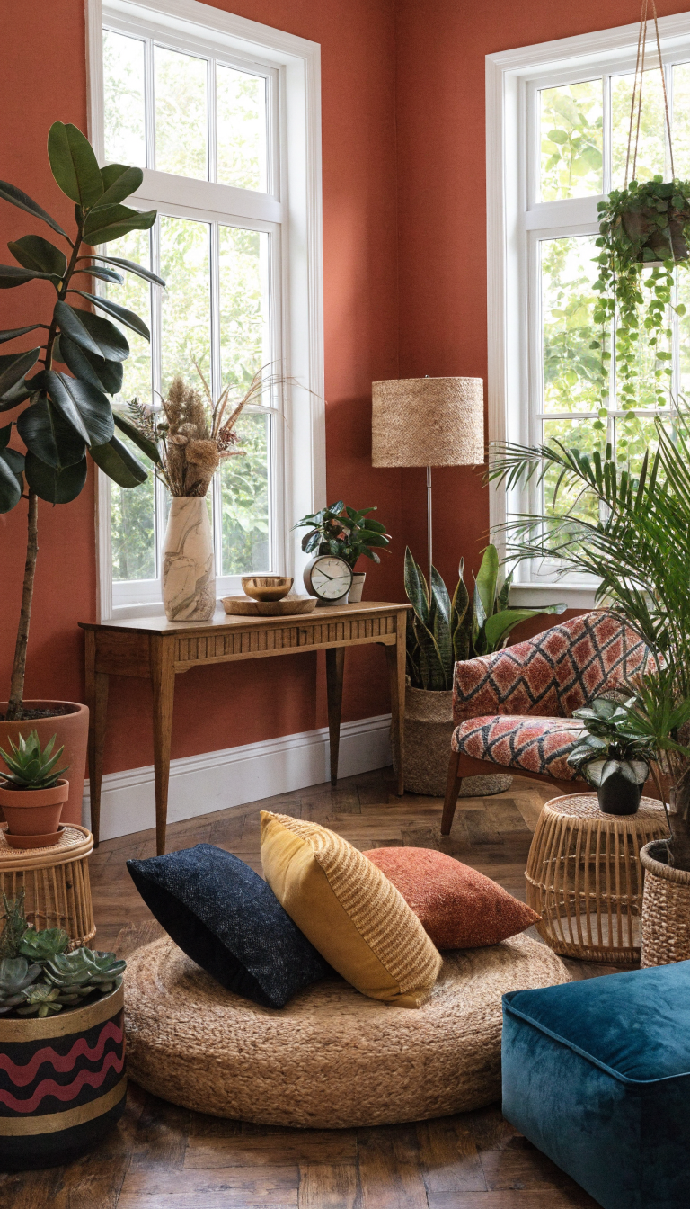 A cozy living room with bold terracotta walls, vibrant cushions, and an array of plants, creating a warm and inviting atmosphere.