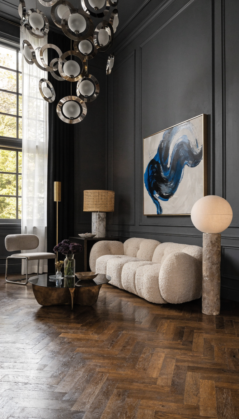 Living room featuring cool charcoal gray walls, a textured beige sofa, abstract wall art, and stylish lighting.