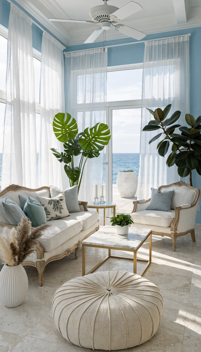 A stylish living room featuring light sky blue walls, natural light, and elegant furnishings.