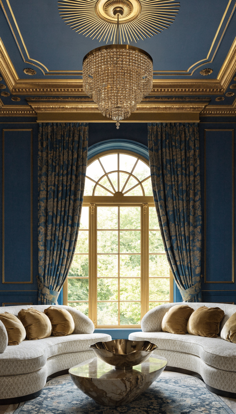 Elegant living room with rich navy blue walls, gold accents, and plush furnishings.