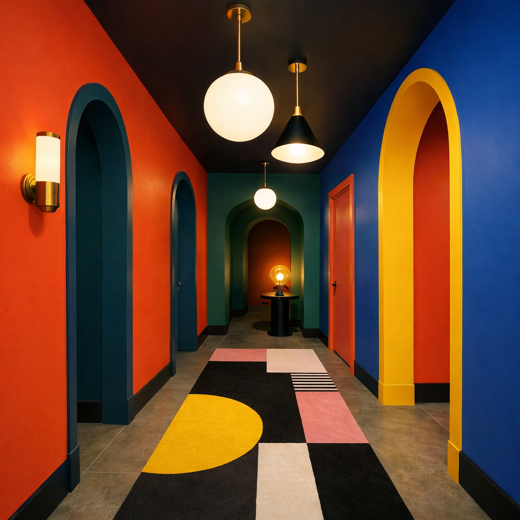 A colorful hallway featuring vibrant walls, arched doorways, stylish lighting, and a playful rug design.