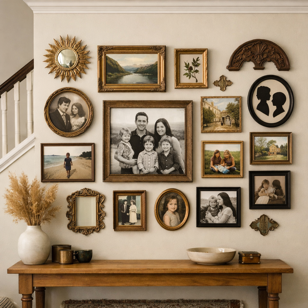 Gallery wall with framed photographs and decorative elements in a hallway