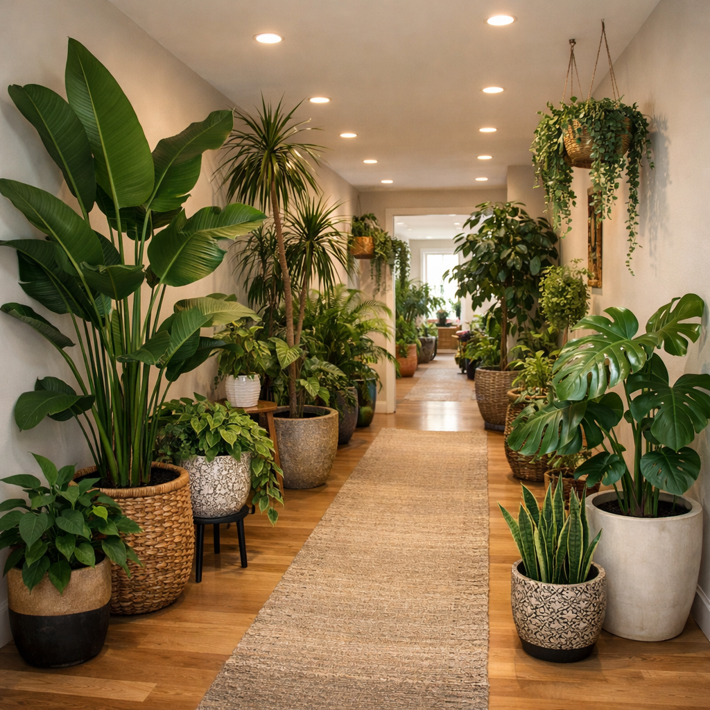 A hallway filled with various indoor plants in decorative pots, featuring a natural wood floor and bright overhead lights.