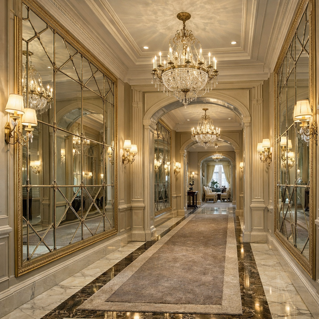 Elegant hallway with large mirrors and chandeliers