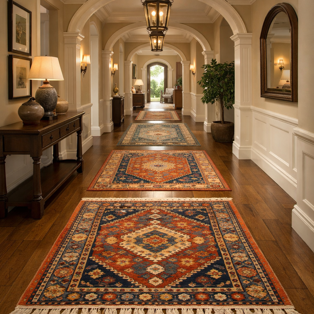 A hallway featuring decorative rugs with intricate patterns and warm colors, enhancing the space.