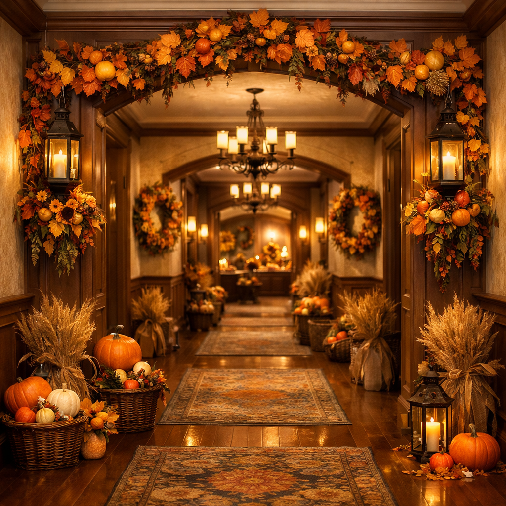 A warmly decorated hallway with autumn themes, featuring pumpkins, fall leaves, and lanterns.