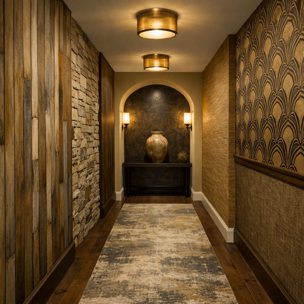 A beautifully decorated hallway featuring textured walls, warm lighting, and stylish decor.