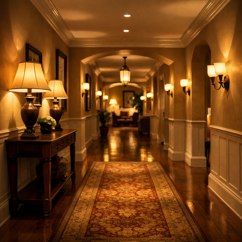 A well-lit hallway with warm lighting, featuring lamps and sconces.