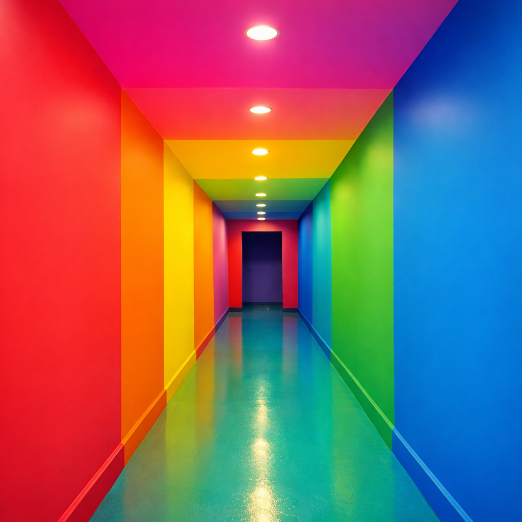 A narrow hallway painted in a gradient of bold colors including pink, orange, yellow, green, and blue.