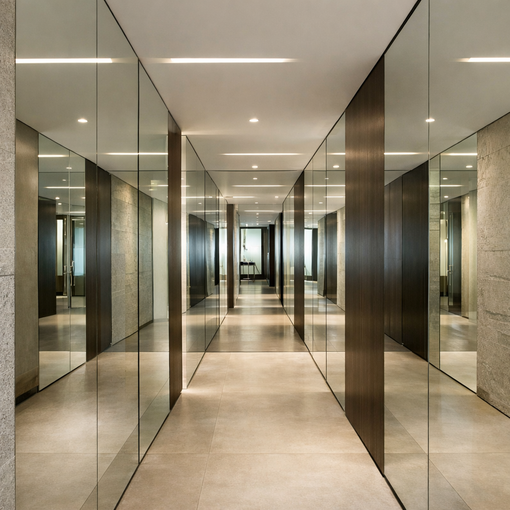 A narrow hallway lined with reflective mirrors creating a bright and spacious atmosphere.