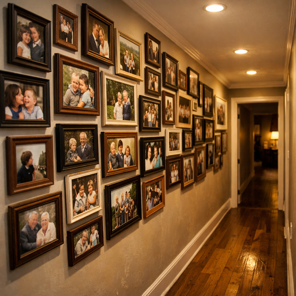 A narrow hallway featuring a gallery wall filled with framed family photos.