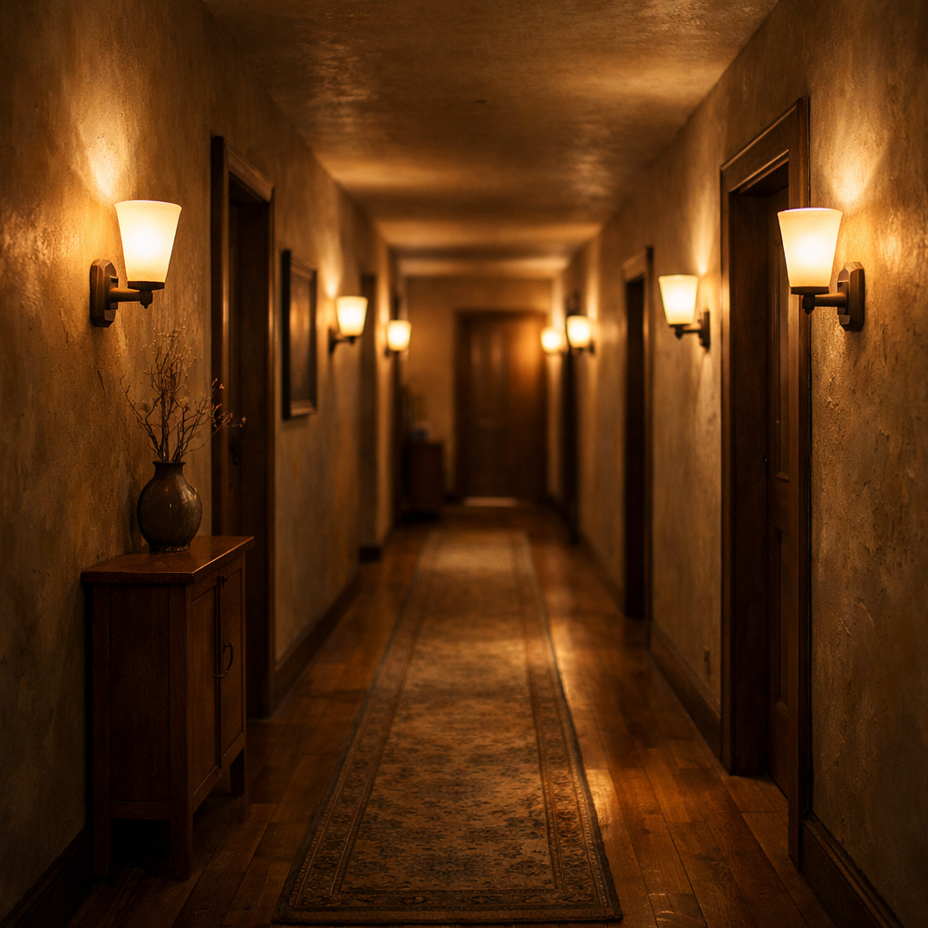 A narrow hallway illuminated with soft wall sconces and a cozy ambiance.