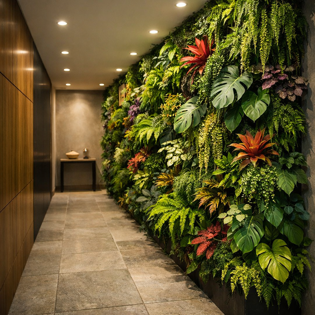 A narrow hallway featuring a lush vertical garden full of various plants, creating a vibrant atmosphere.