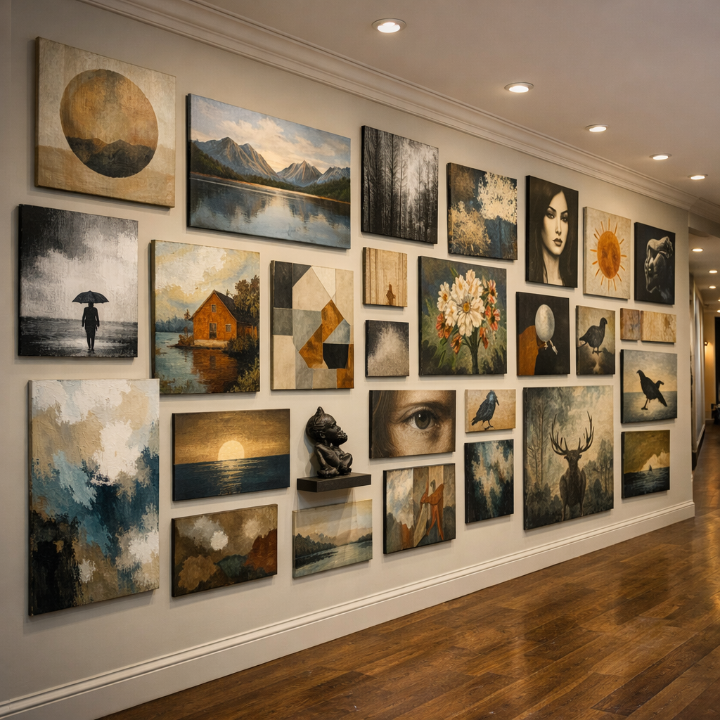 A gallery wall featuring various artistic pieces arranged in a long hallway.