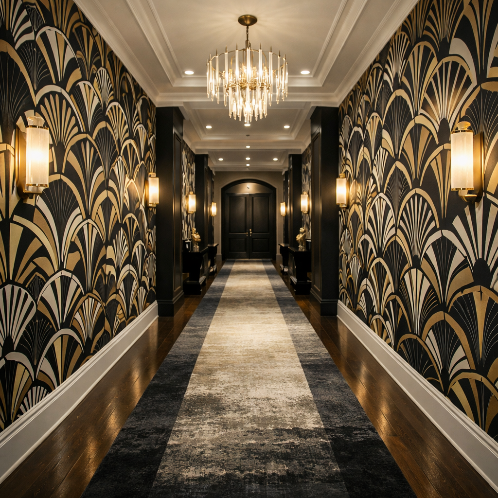 Elegant long hallway decorated with bold art deco wallpaper, featuring gold and black patterns, stylish lighting, and a chic rug.