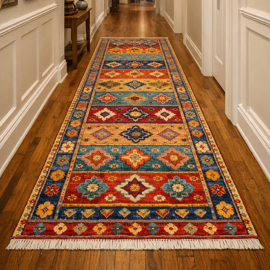 A colorful runner rug with a vibrant pattern of reds, blues, and yellows in a long hallway.