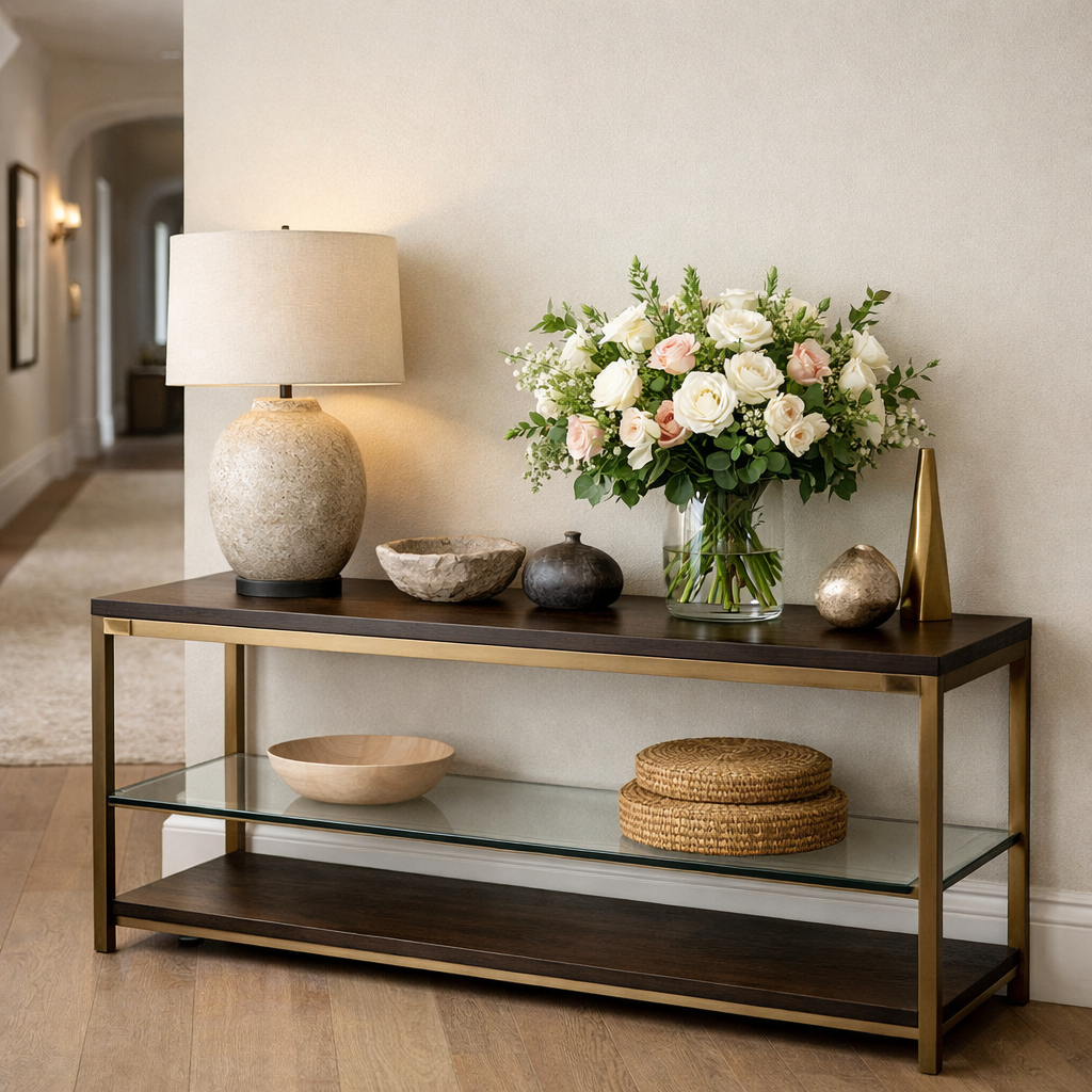 Decorative console table in a hallway with a lamp, flowers, and decorative items.