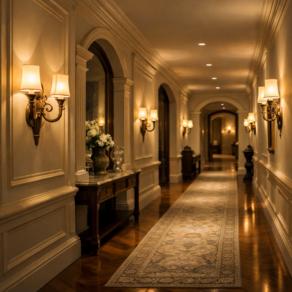 Elegant wall sconces in a beautifully lit hallway with rich wood flooring.