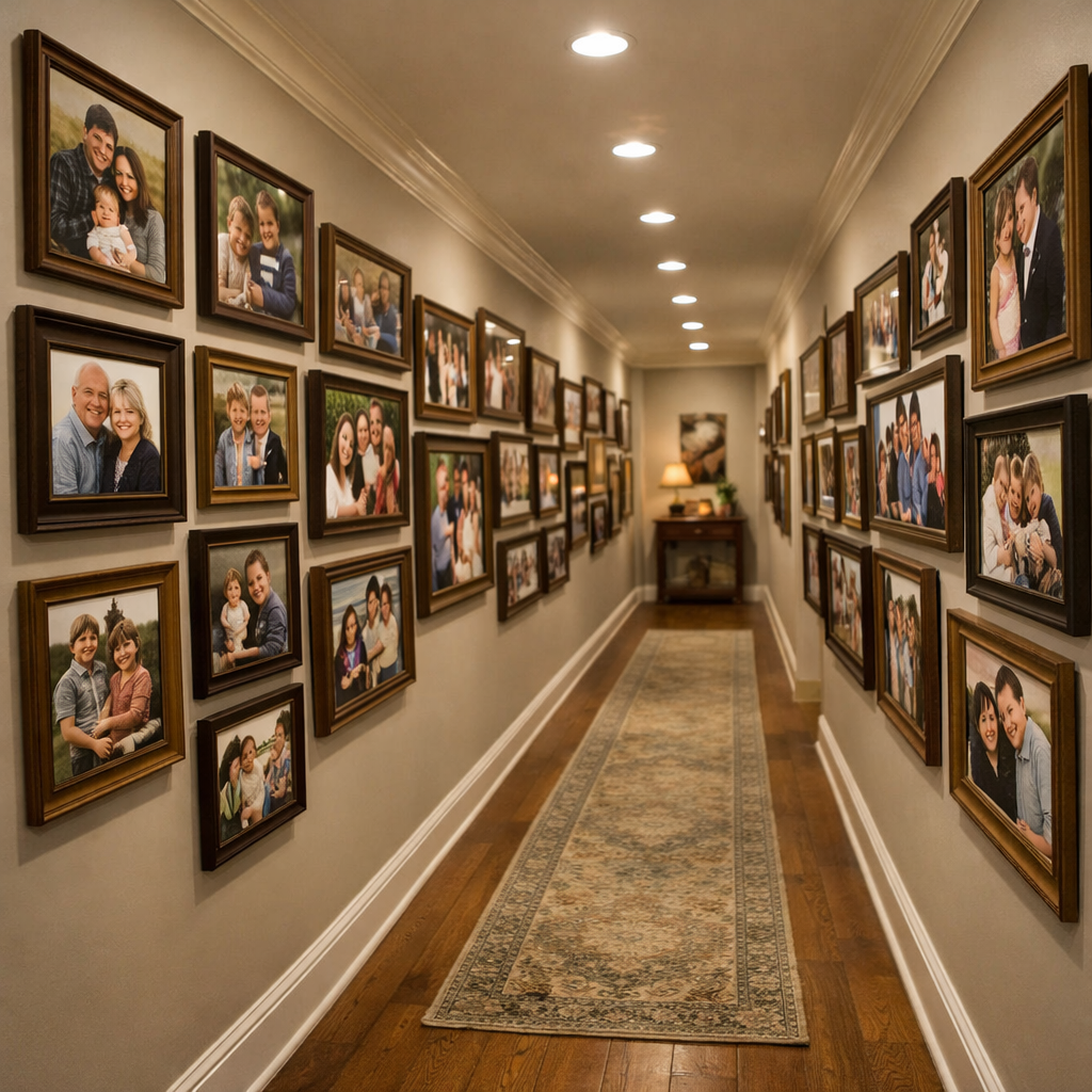 A long hallway with framed family photos on both sides, featuring wooden flooring and a decorative rug.